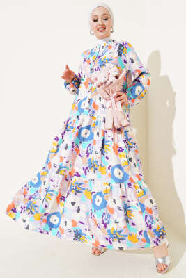 Karışık Desen Yarım Düğmeli Viskon Elbise Lila 