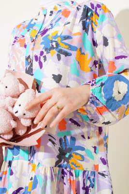 Karışık Desen Yarım Düğmeli Viskon Elbise Lila - Tesettür Elbise