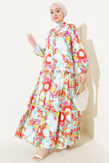 Karışık Desen Yarım Düğmeli Viskon Elbise Mint - Elbise