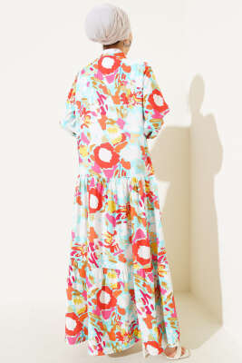 Karışık Desen Yarım Düğmeli Viskon Elbise Mint - Tesettür Elbise