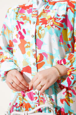 Karışık Desen Yarım Düğmeli Viskon Elbise Mint - Tesettür Elbise