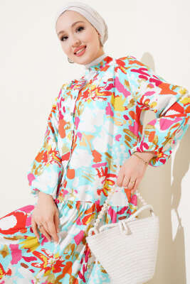 Karışık Desen Yarım Düğmeli Viskon Elbise Mint - Tesettür Elbise