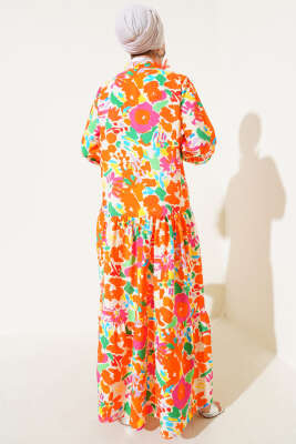 Karışık Desen Yarım Düğmeli Viskon Elbise Oranj - Tesettür Elbise