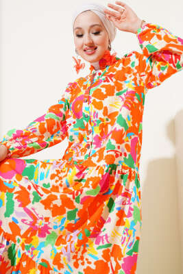 Karışık Desen Yarım Düğmeli Viskon Elbise Oranj - Tesettür Elbise