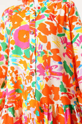 Karışık Desen Yarım Düğmeli Viskon Elbise Oranj - Tesettür Elbise