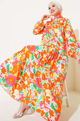 Karışık Desen Yarım Düğmeli Viskon Elbise Oranj 