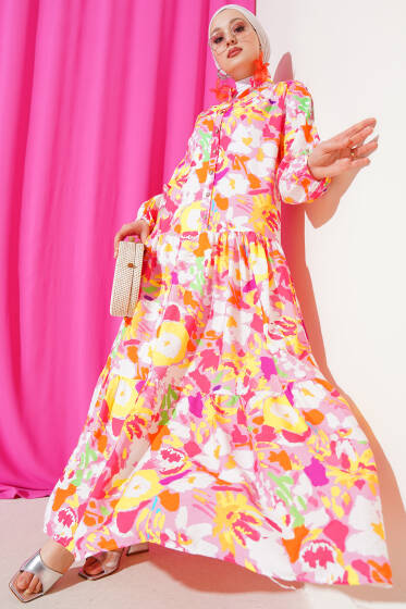 Karışık Desen Yarım Düğmeli Viskon Elbise Pudra - Elbise