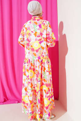 Karışık Desen Yarım Düğmeli Viskon Elbise Pudra - Tesettür Elbise