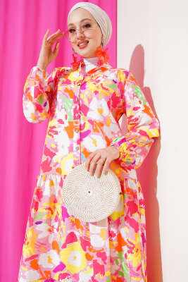 Karışık Desen Yarım Düğmeli Viskon Elbise Pudra - Tesettür Elbise