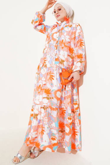 Karışık Desen Yarım Düğmeli Viskon Elbise Somon - Elbise