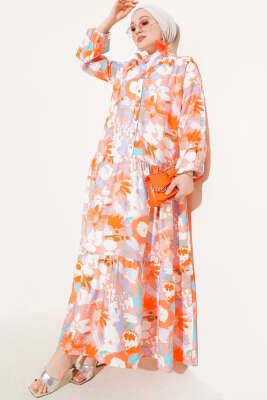 Karışık Desen Yarım Düğmeli Viskon Elbise Somon - FİXAY