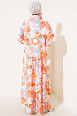 Karışık Desen Yarım Düğmeli Viskon Elbise Somon - Tesettür Elbise