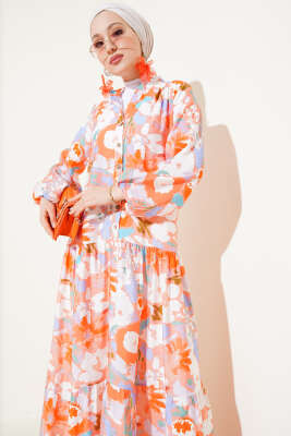Karışık Desen Yarım Düğmeli Viskon Elbise Somon - Tesettür Elbise