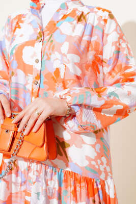 Karışık Desen Yarım Düğmeli Viskon Elbise Somon - Tesettür Elbise