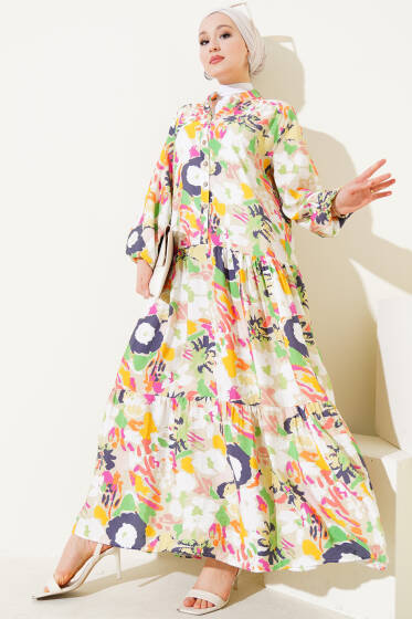 Karışık Desen Yarım Düğmeli Viskon Elbise Su Yeşili - Elbise