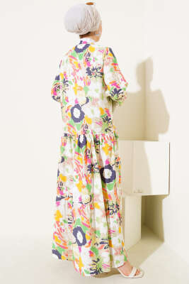 Karışık Desen Yarım Düğmeli Viskon Elbise Su Yeşili - Tesettür Elbise