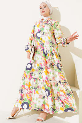 Karışık Desen Yarım Düğmeli Viskon Elbise Su Yeşili 