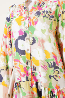 Karışık Desen Yarım Düğmeli Viskon Elbise Su Yeşili - Tesettür Elbise