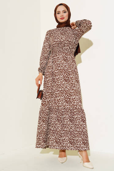 Karışık Desenli Bel Lastikli Bürümcük Elbise Kahve - Elbise