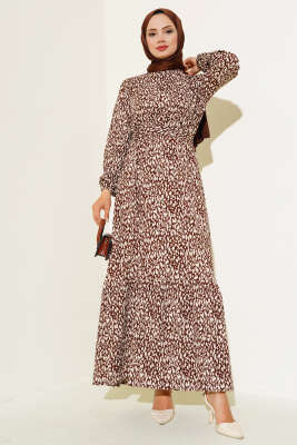 Karışık Desenli Bel Lastikli Bürümcük Elbise Kahve - Tesettür Elbise