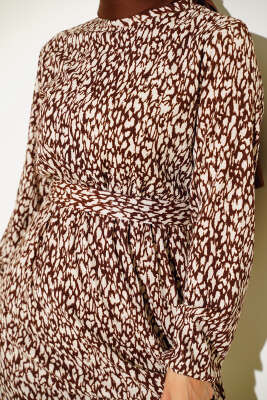 Karışık Desenli Bel Lastikli Bürümcük Elbise Kahve - Tesettür Elbise