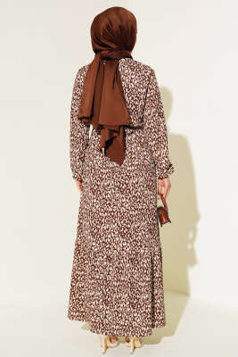 Karışık Desenli Bel Lastikli Bürümcük Elbise Kahve - Tesettür Elbise