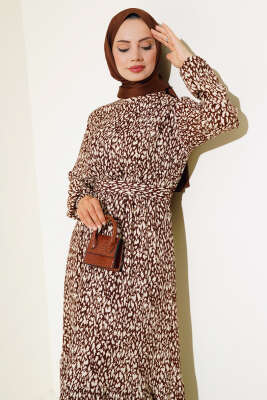 Karışık Desenli Bel Lastikli Bürümcük Elbise Kahve - Tesettür Elbise