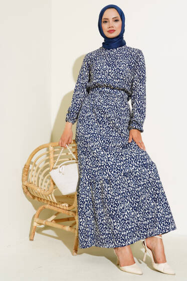 Karışık Desenli Bel Lastikli Bürümcük Elbise Lacivert - Elbise