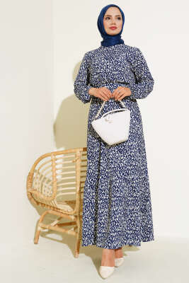 Karışık Desenli Bel Lastikli Bürümcük Elbise Lacivert - Tesettür Elbise