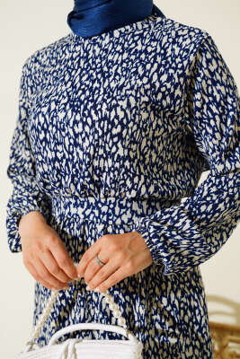 Karışık Desenli Bel Lastikli Bürümcük Elbise Lacivert - Tesettür Elbise