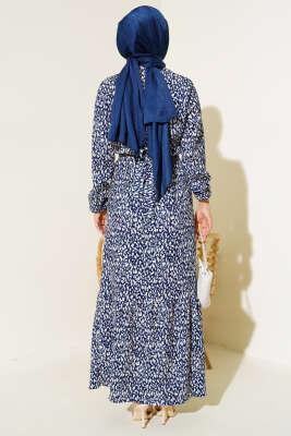 Karışık Desenli Bel Lastikli Bürümcük Elbise Lacivert - Tesettür Elbise