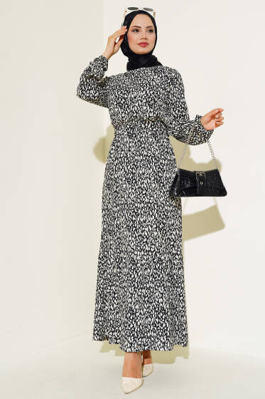 Karışık Desenli Bel Lastikli Bürümcük Elbise Siyah - Elbise