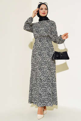 Karışık Desenli Bel Lastikli Bürümcük Elbise Siyah 