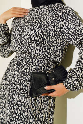 Karışık Desenli Bel Lastikli Bürümcük Elbise Siyah - Tesettür Elbise