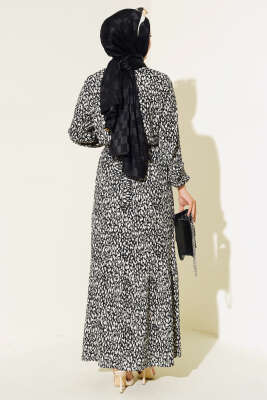 Karışık Desenli Bel Lastikli Bürümcük Elbise Siyah - Tesettür Elbise