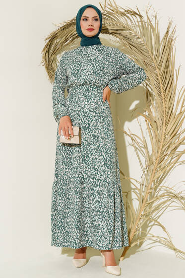 Karışık Desenli Bel Lastikli Bürümcük Elbise Yeşil - Elbise