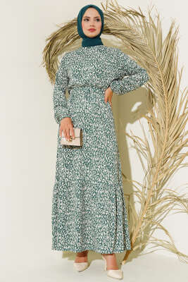 Karışık Desenli Bel Lastikli Bürümcük Elbise Yeşil 