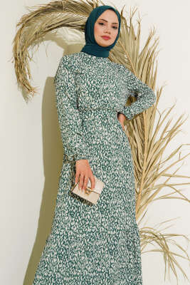 Karışık Desenli Bel Lastikli Bürümcük Elbise Yeşil - Tesettür Elbise