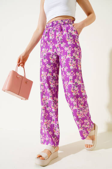 Karışık Desenli Bel Lastikli Pantolon Menekşe - Kadın Giyim Modelleri