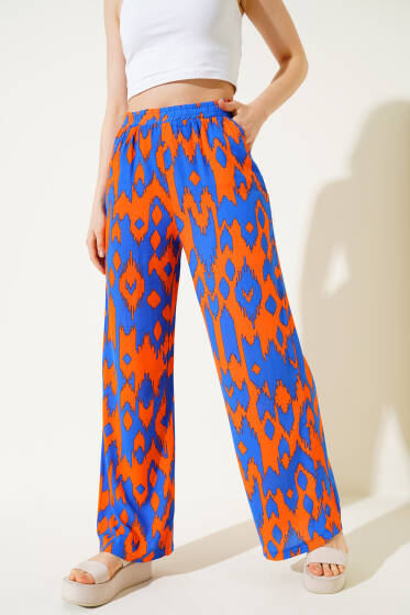Karışık Desenli Bel Lastikli Pantolon Oranj Saks - Kadın Giyim Modelleri