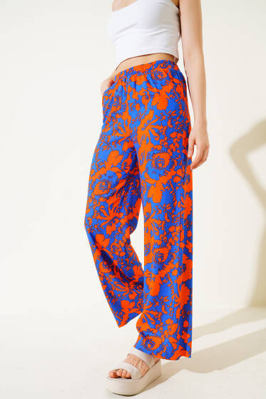 Karışık Desenli Bel Lastikli Pantolon Saks Çiçekli - Kadın Giyim Modelleri