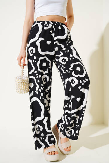 Karışık Desenli Bel Lastikli Pantolon Siyah - Kadın Giyim Modelleri