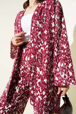 Karışık Desenli Bürümcük Kimono İkili Takım Bordo - İKİLİ TAKIM