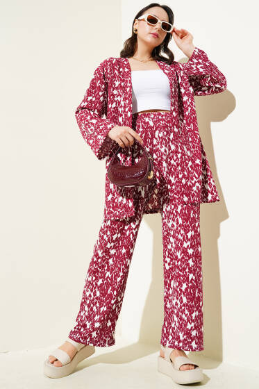 Karışık Desenli Bürümcük Kimono İkili Takım Bordo - Kadın Giyim Modelleri