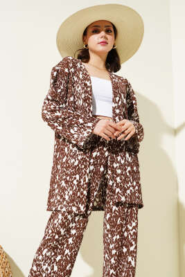 Karışık Desenli Bürümcük Kimono İkili Takım Kahve - İKİLİ TAKIM
