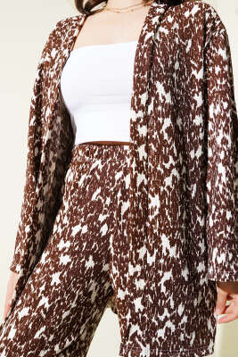 Karışık Desenli Bürümcük Kimono İkili Takım Kahve - İKİLİ TAKIM