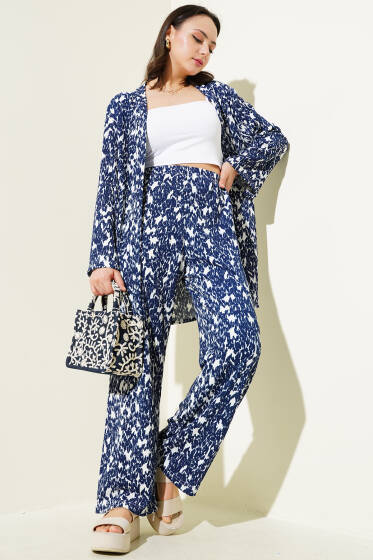 Karışık Desenli Bürümcük Kimono İkili Takım Lacivert - İKİLİ TAKIM