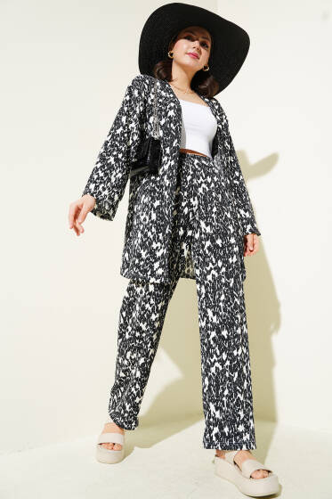 Karışık Desenli Bürümcük Kimono İkili Takım Siyah - İKİLİ TAKIM