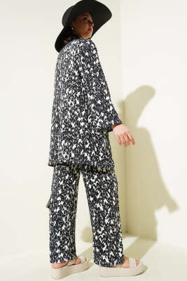Karışık Desenli Bürümcük Kimono İkili Takım Siyah - İKİLİ TAKIM