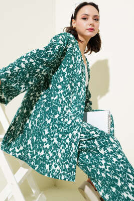 Karışık Desenli Bürümcük Kimono İkili Takım Zümrüt - İKİLİ TAKIM